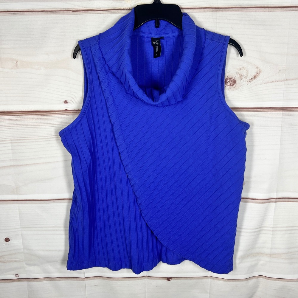 Focus Casual Life‎ Top Womens L Blue Solid Ribbed Cowl Neck Sleeveless Tunic
